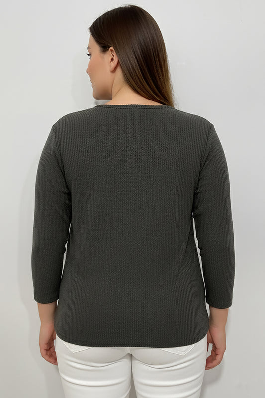 Büyük Beden Önü Renkli Düğmeli Triko Bluz Haki