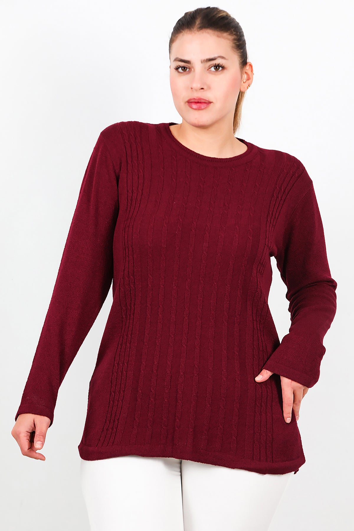 Büyük Beden Bisiklet Yaka Triko Bluz Bordo