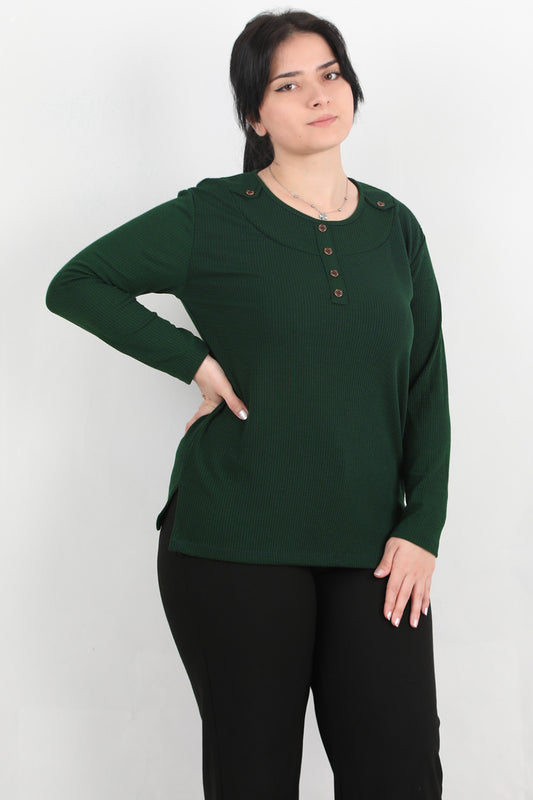 Refina Büyük Beden Önü Ve Yaka Düğmeli Bluz Zümrüt