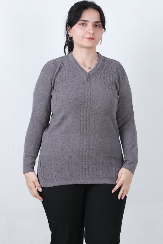 Curvyn Büyük Beden V Yaka 3 Düğmeli Bluz Gri