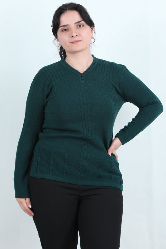 Curvyn Büyük Beden V Yaka 3 Düğmeli Bluz Petrol