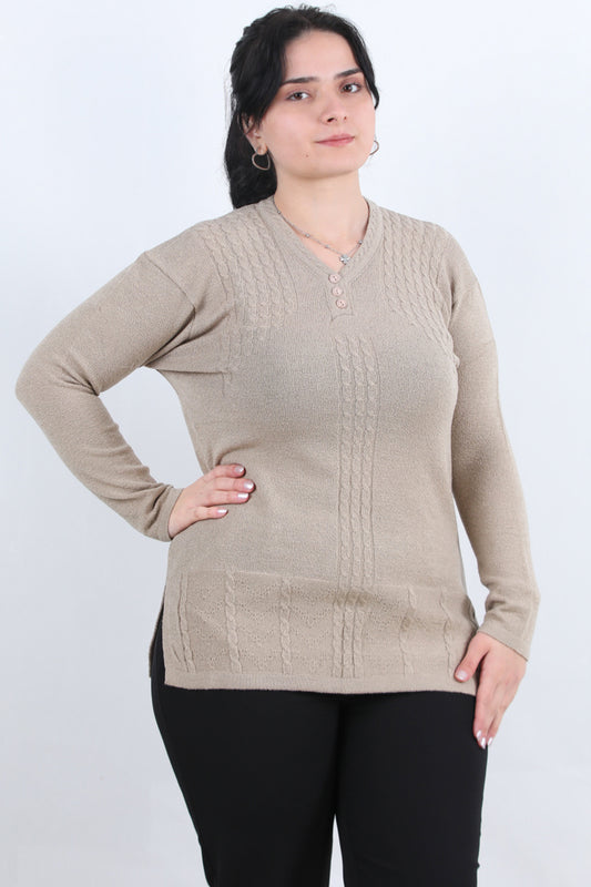 Curvyn Büyük Beden V Yaka 3 Düğmeli Bluz Taş