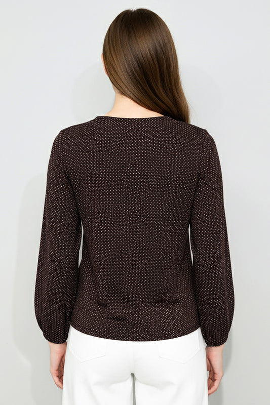 Büyük Beden Puantiyeli Kol Lastikli Bluz Kahverengi