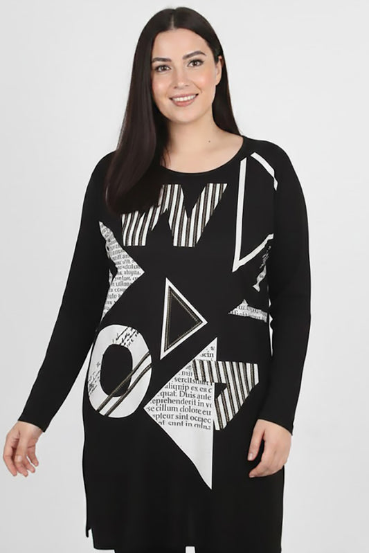 Boldy Büyük Beden Ön Baskılı Bluz Siyah