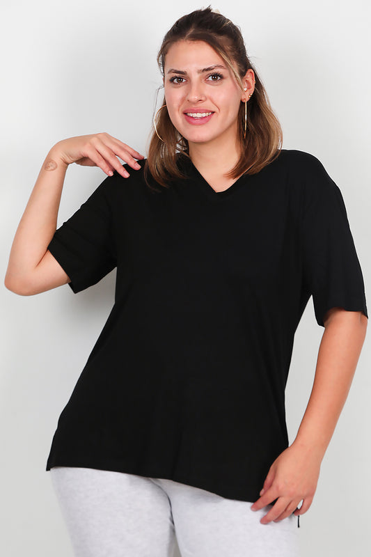 Büyük Beden V Yaka Bluz Siyah
