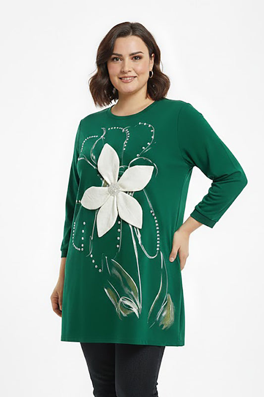 Petalia Büyük Beden Ön Çiçek Detay Bluz Yeşil
