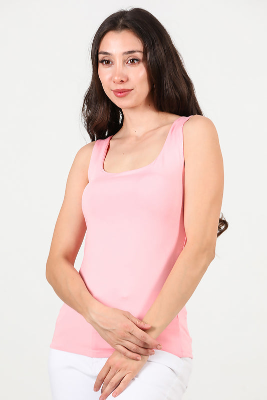 Kadın Kare Yaka Kolsuz Bluz Pudra