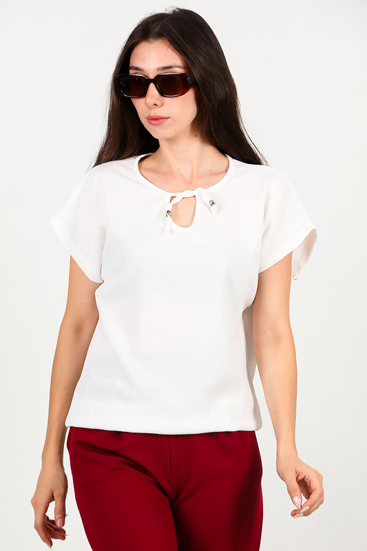 Kadın Önü Bağlama Krinkıl Bluz Ekru