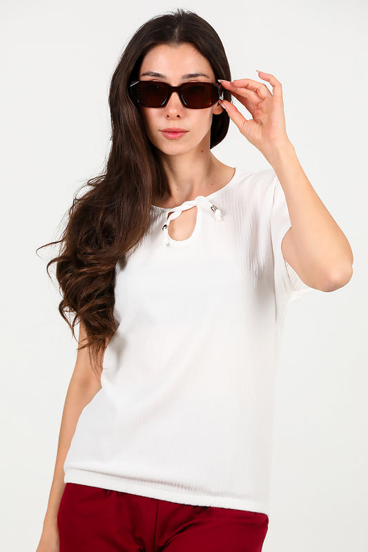 Kadın Önü Bağlama Krinkıl Bluz Ekru