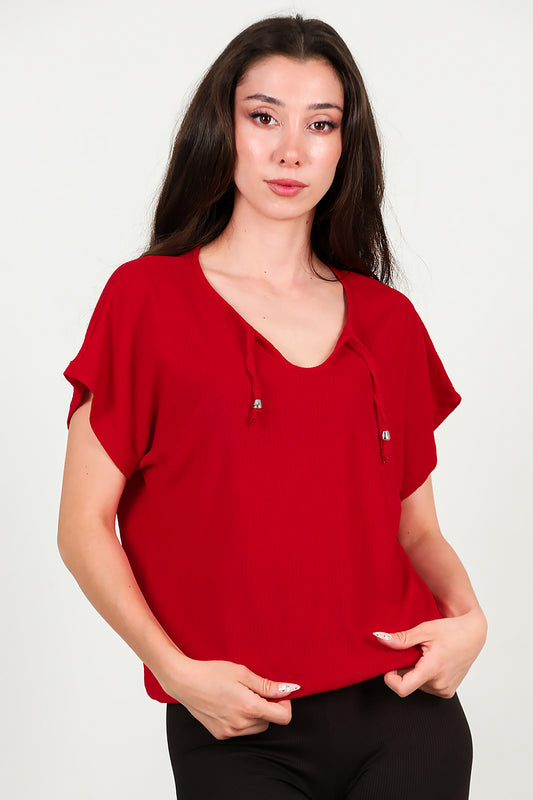 Kadın Önü Bağlama Krinkıl Bluz Kırmızı