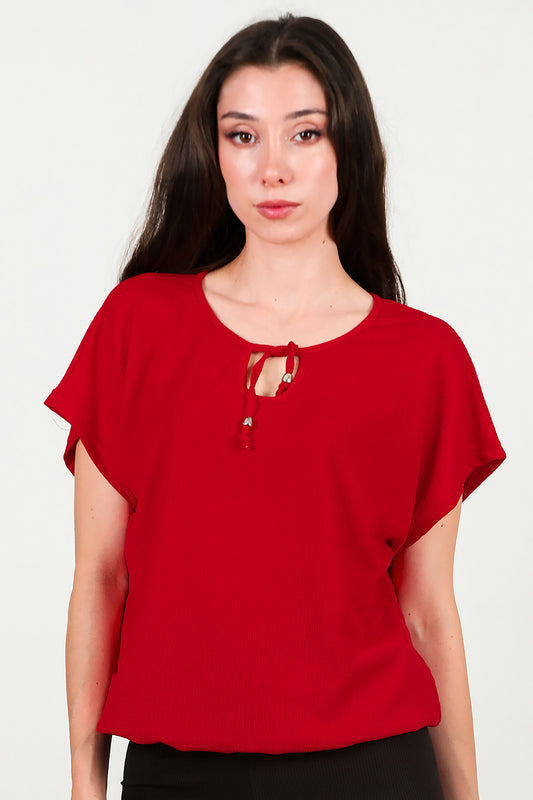 Kadın Önü Bağlama Krinkıl Bluz Kırmızı