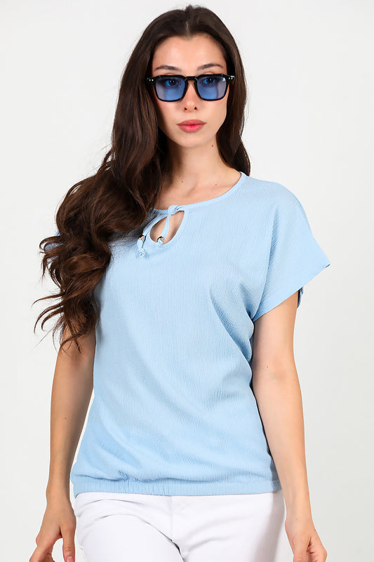 Kadın Önü Bağlama Krinkıl Bluz Mavi