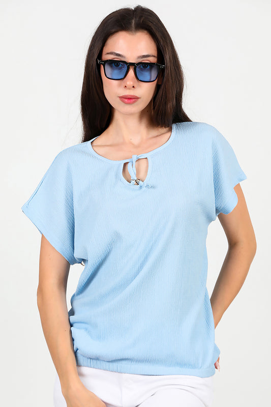 Kadın Önü Bağlama Krinkıl Bluz Mavi