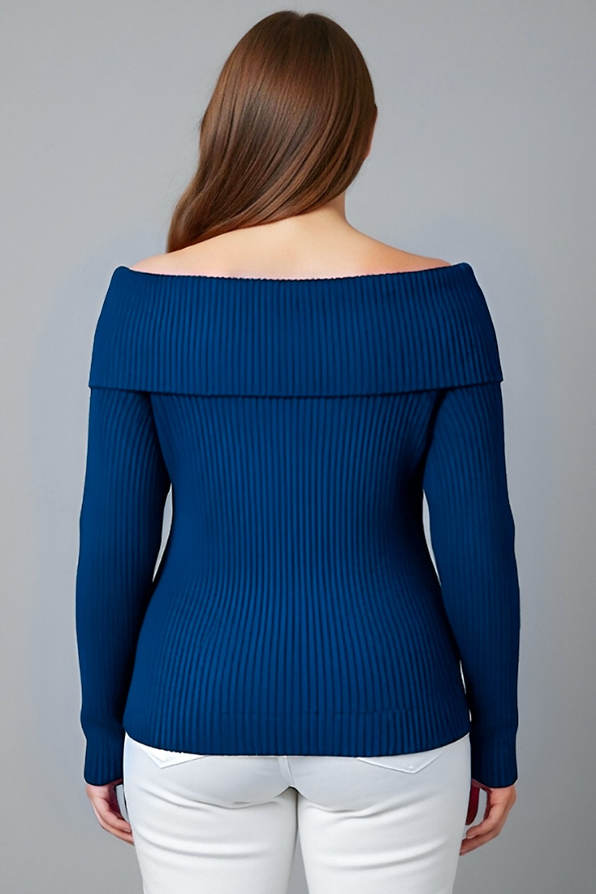 Büyük Beden Madonna Yaka Triko Bluz Saks