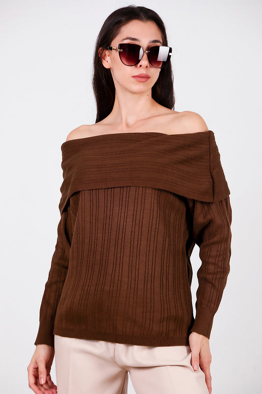 Kadın Madonna Yaka Triko Bluz Kahverengi