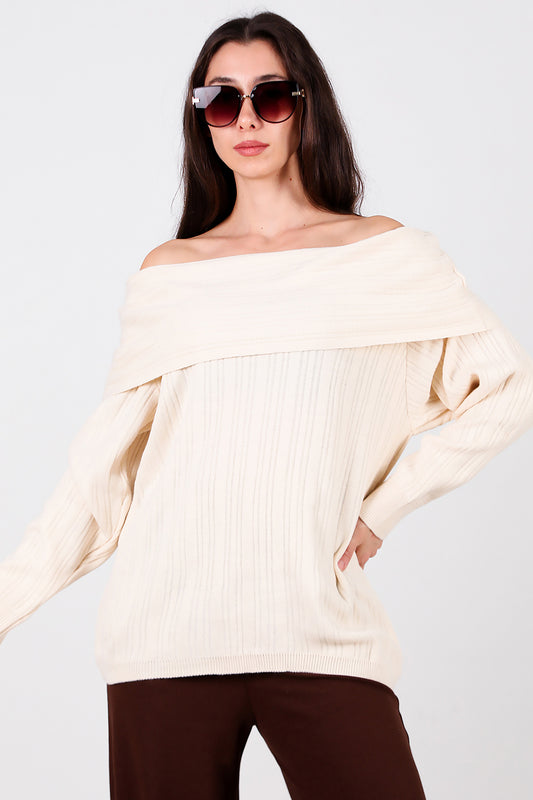 Kadın Madonna Yaka Triko Bluz Taş