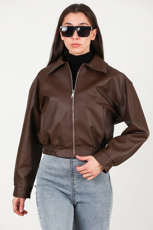 Kadın Bel Lastikli Deri Ceket Kahverengi