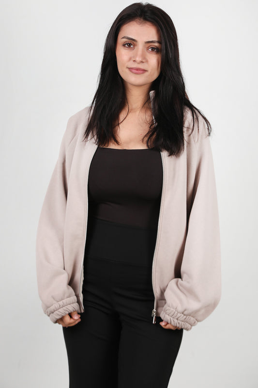 Flexjacket Kadın Ön Fermuarlı Dik Yaka Bel Lastikli Ceket Bej