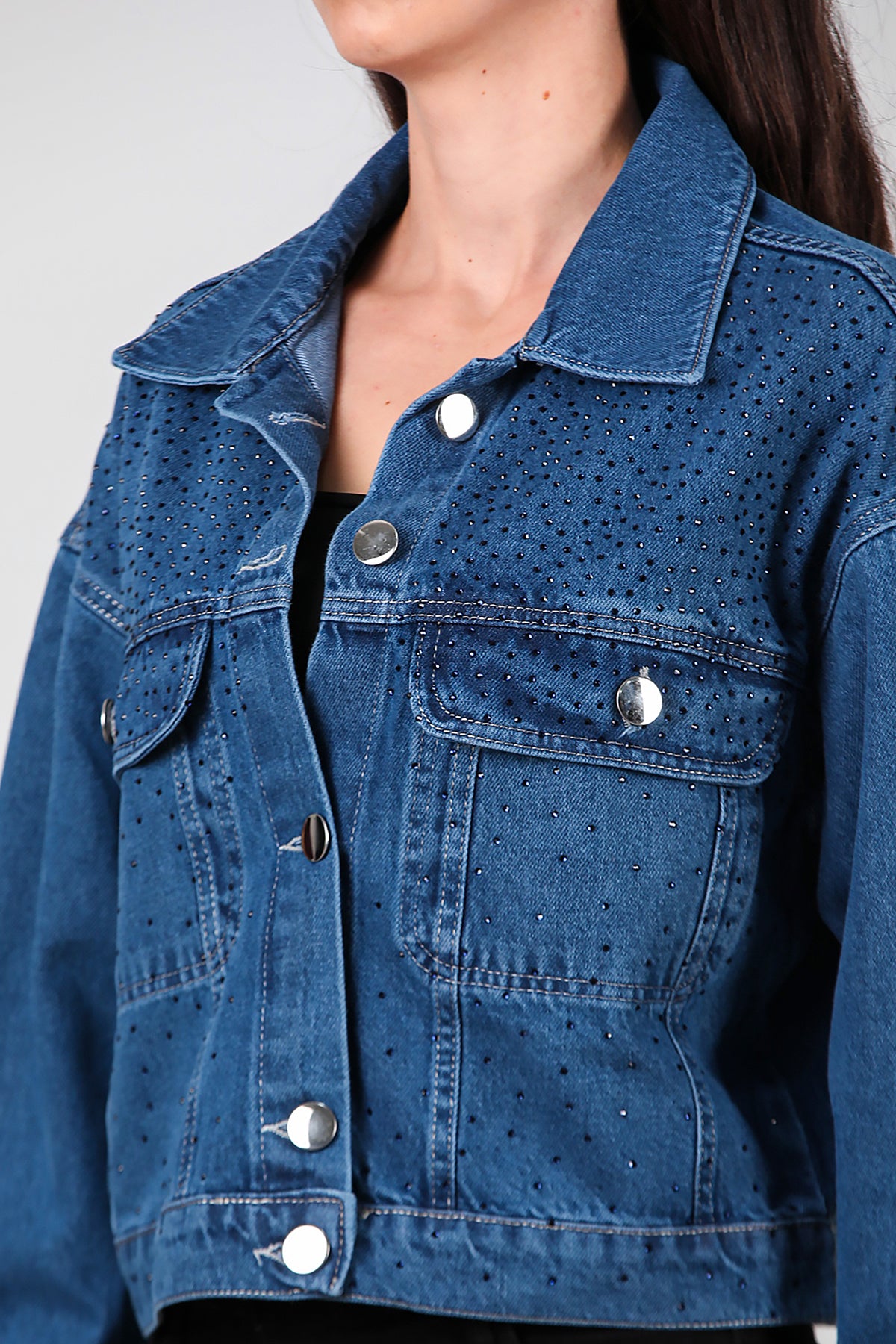 Kadın Taşlı Kot Ceket Mavi