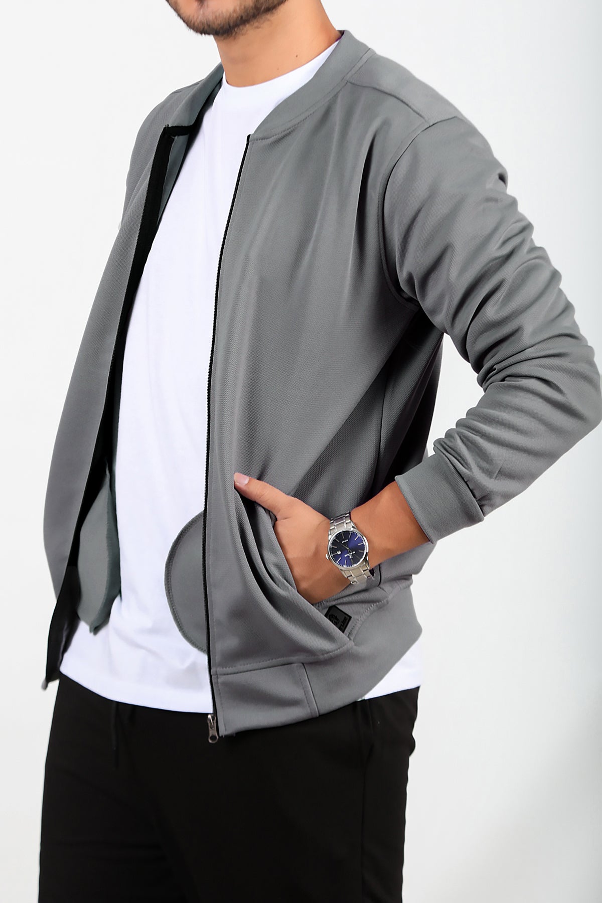 Erkek Fermuarlı Kolej Ceket Füme