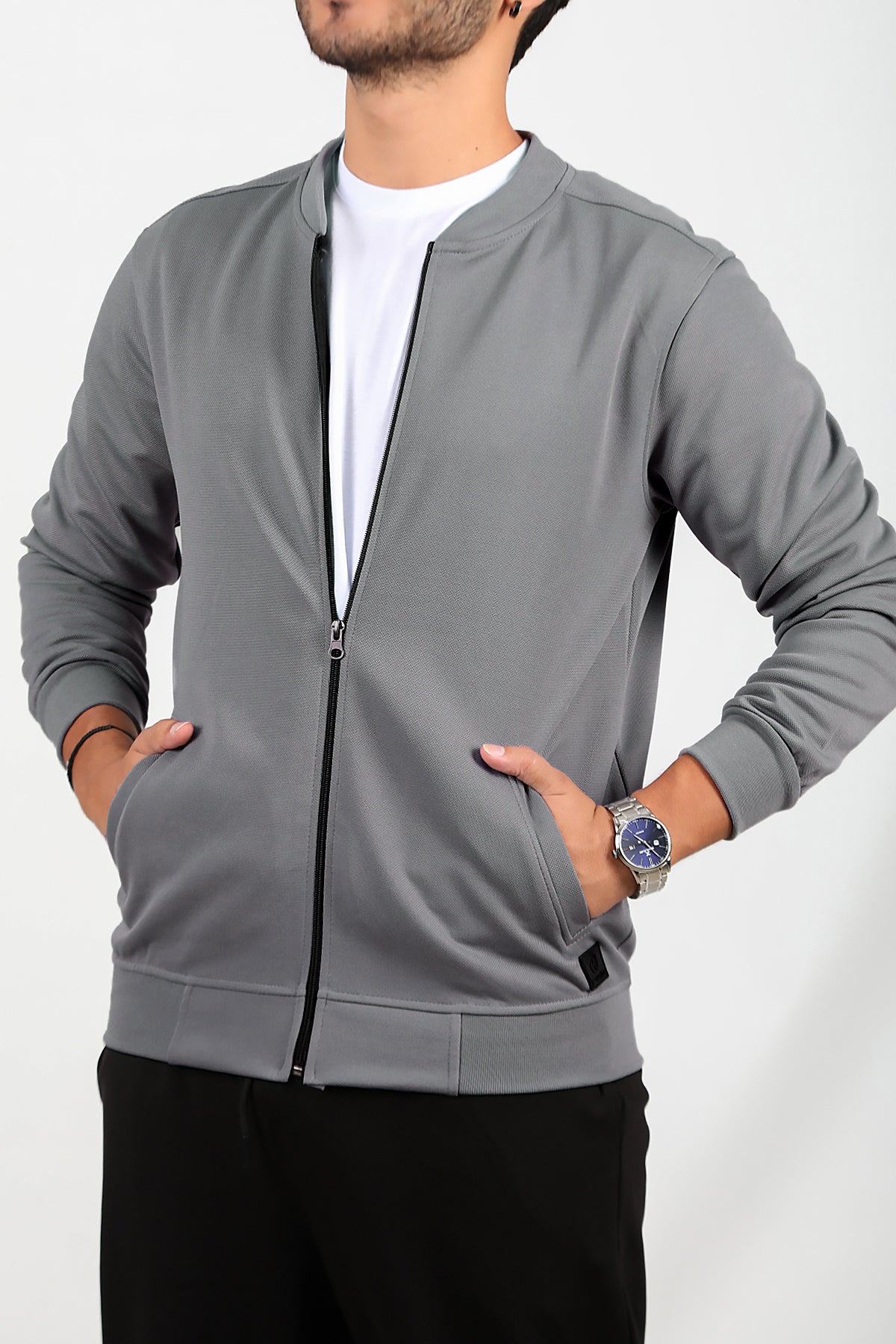 Erkek Fermuarlı Kolej Ceket Füme