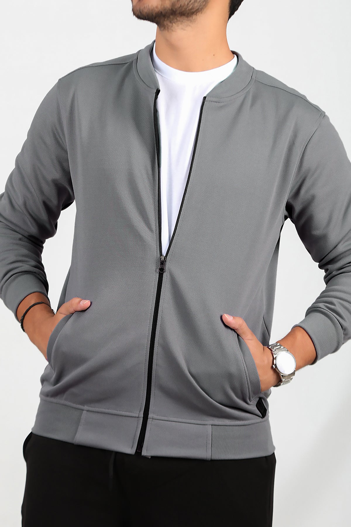 Erkek Fermuarlı Kolej Ceket Füme