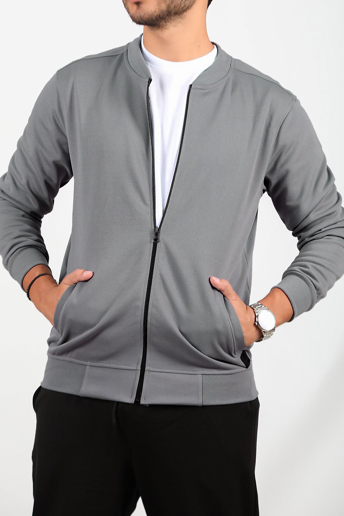 Erkek Fermuarlı Kolej Ceket Füme
