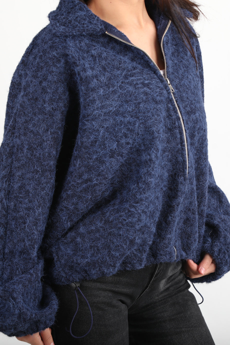 Cashmere Kadın Sakallı Kaşe Ön Fermuarlı Ceket Lacivert