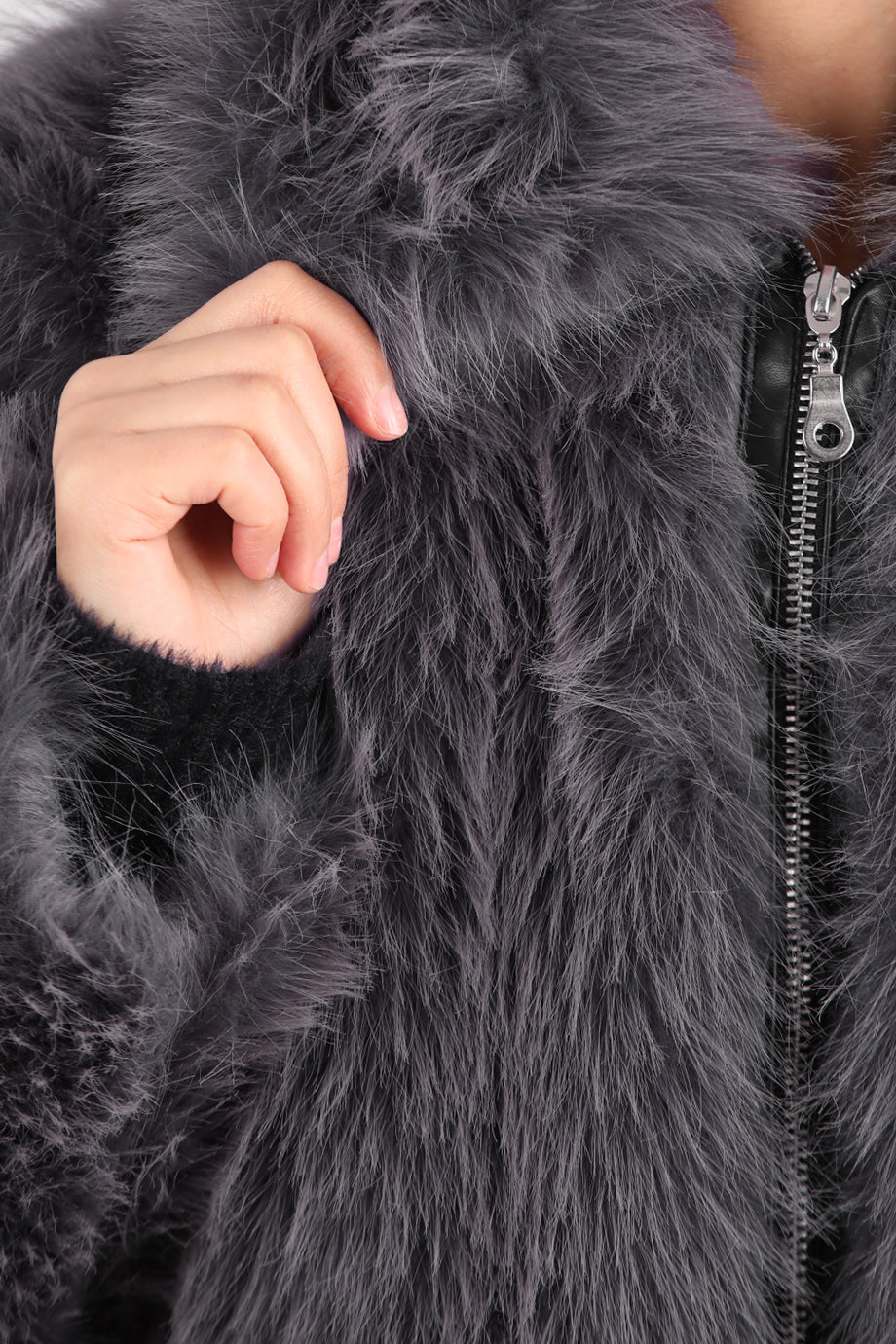 Furline Kadın Önü Fermuarlı Kürklü Ceket Gri