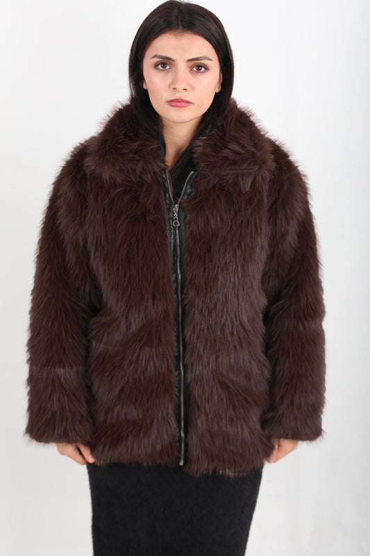 Furline Kadın Önü Fermuarlı Kürklü Ceket Kahverengi