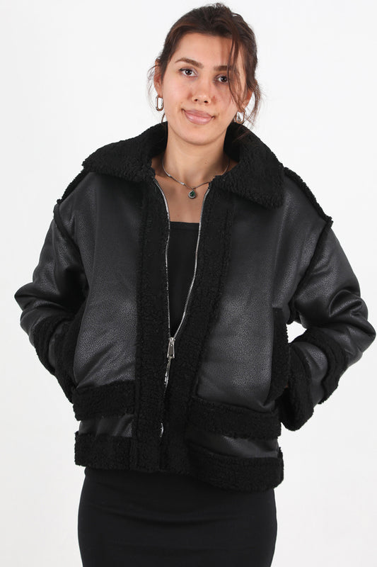 Rogue Kadın İçi Kuzu Fermuarlı Deri Ceket Siyah