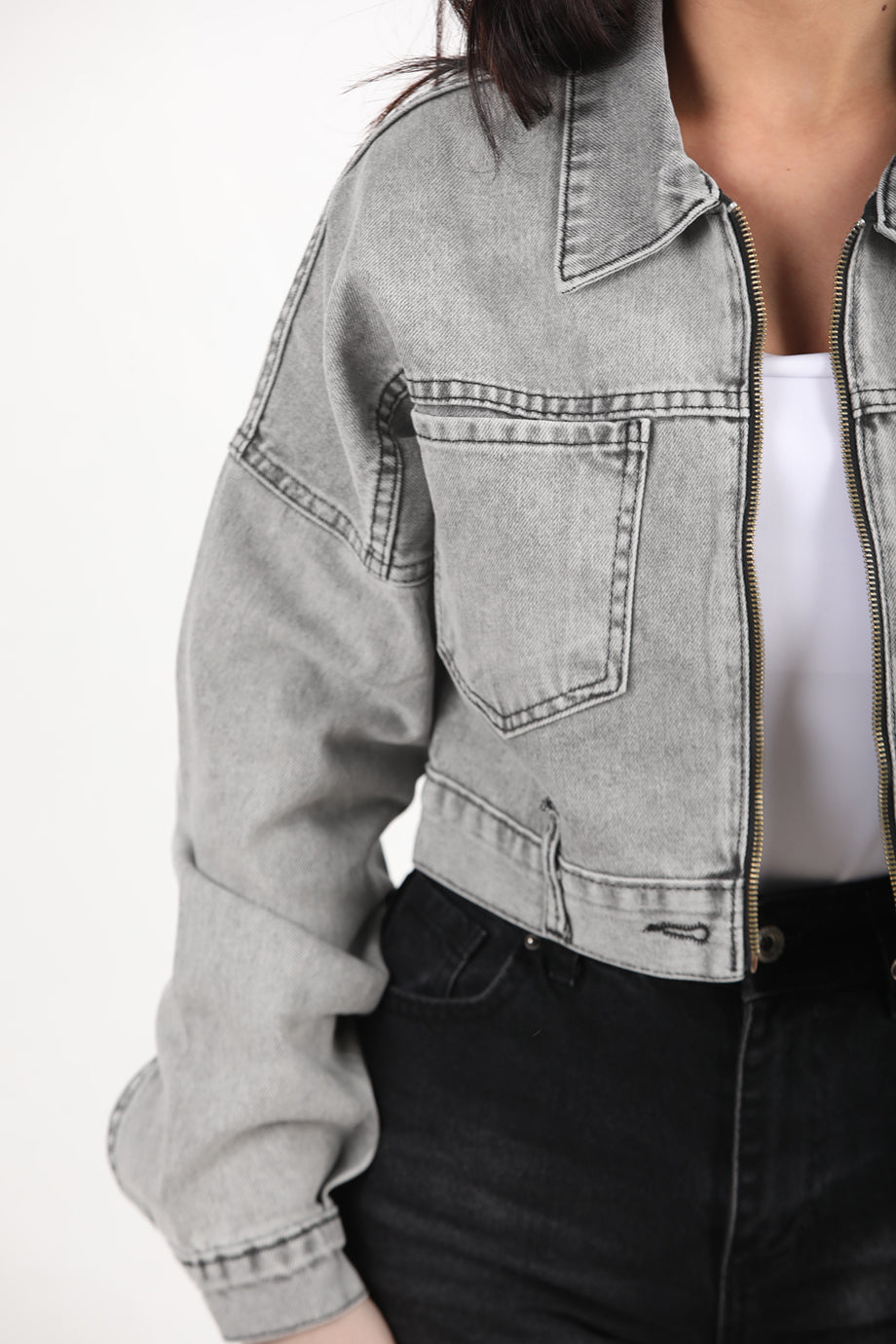 Crozia Kadın Kısa Ön Fermuarlı Ceket Gri