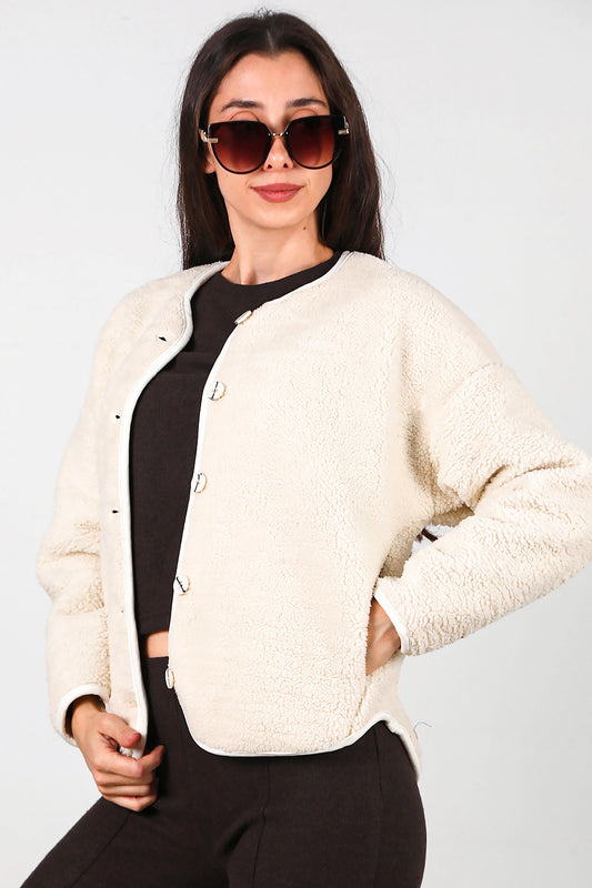 Kadın İçi Polarlı Düğmeli Peluş Ceket Taş