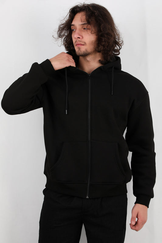 Hoodfleece Erkek Kapşonlu Kanguru Cep Şardonlu Ceket Siyah