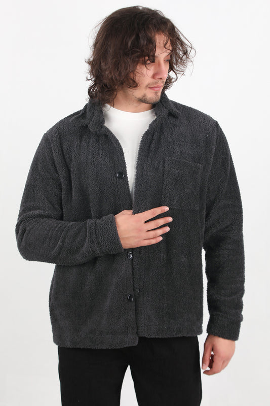 Sherpa Erkek Tek Cepli Önü Düğmeli Peluş Ceket Antrasit