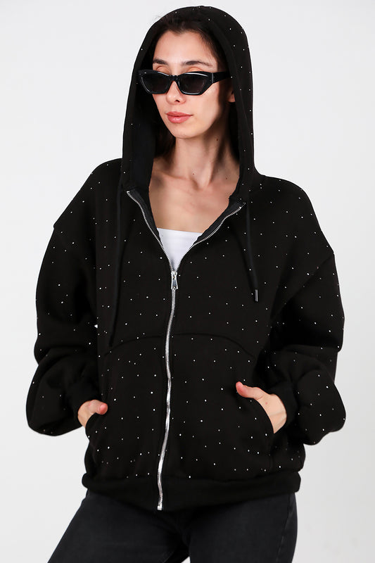 Kadın Taş Detay Kapşonlu Önü Fermuarlı Ceket Siyah