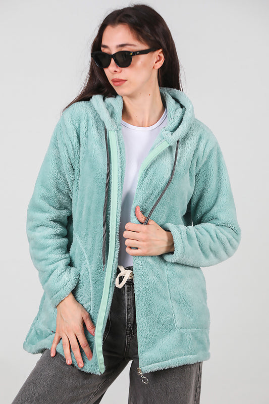 Kadın Kapşonlu Fermuarlı Peluş Ceket Çağla Yeşili