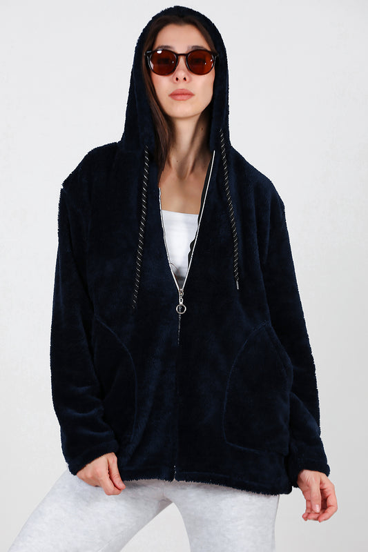 Kadın Kapşonlu Fermuarlı Peluş Ceket Lacivert