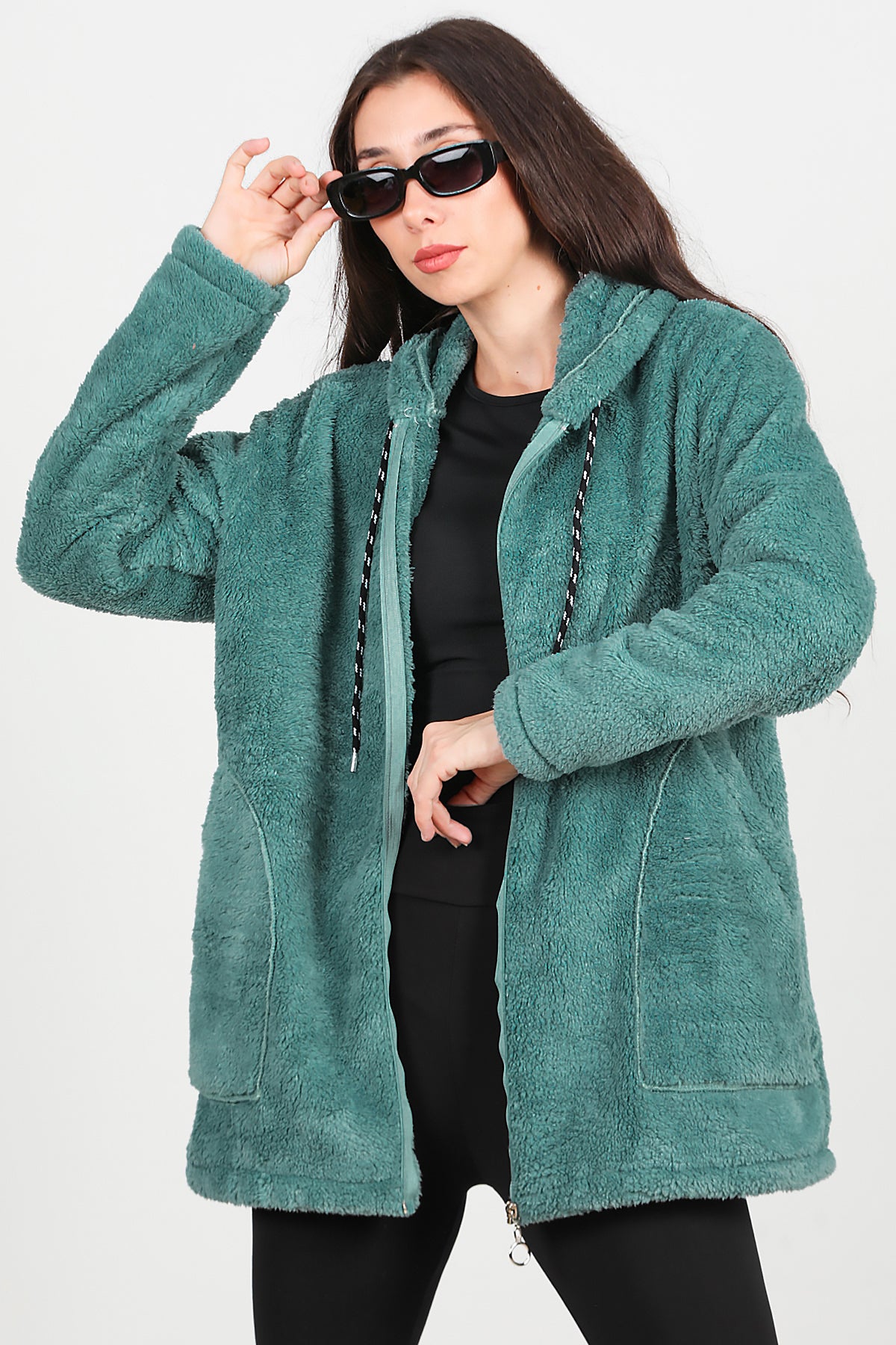 Kadın Kapşonlu Fermuarlı Peluş Ceket Mint