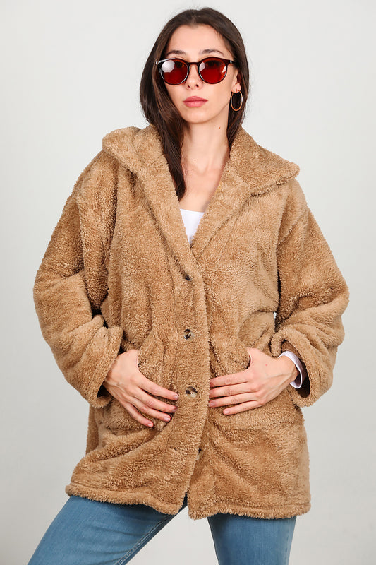Kadın Önü Düğmeli Peluş Ceket Bej