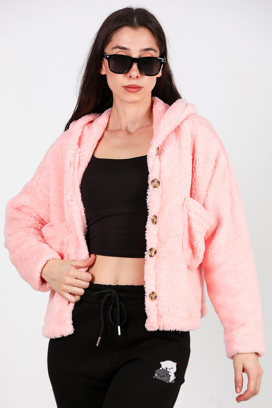 Kadın Kısa Kapşonlu Düğmeli Peluş Ceket Pudra
