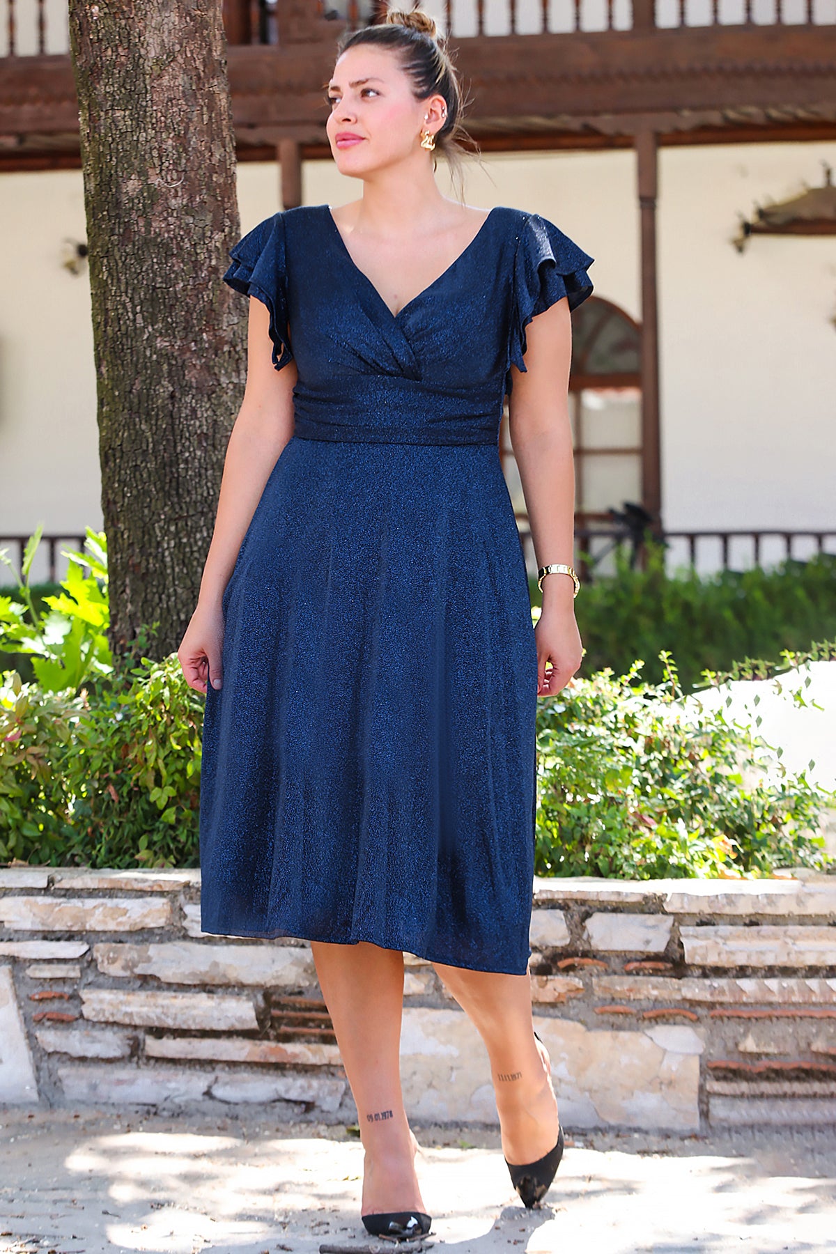 Büyük Beden Kol Katlı Simli Kısa Abiye Lacivert