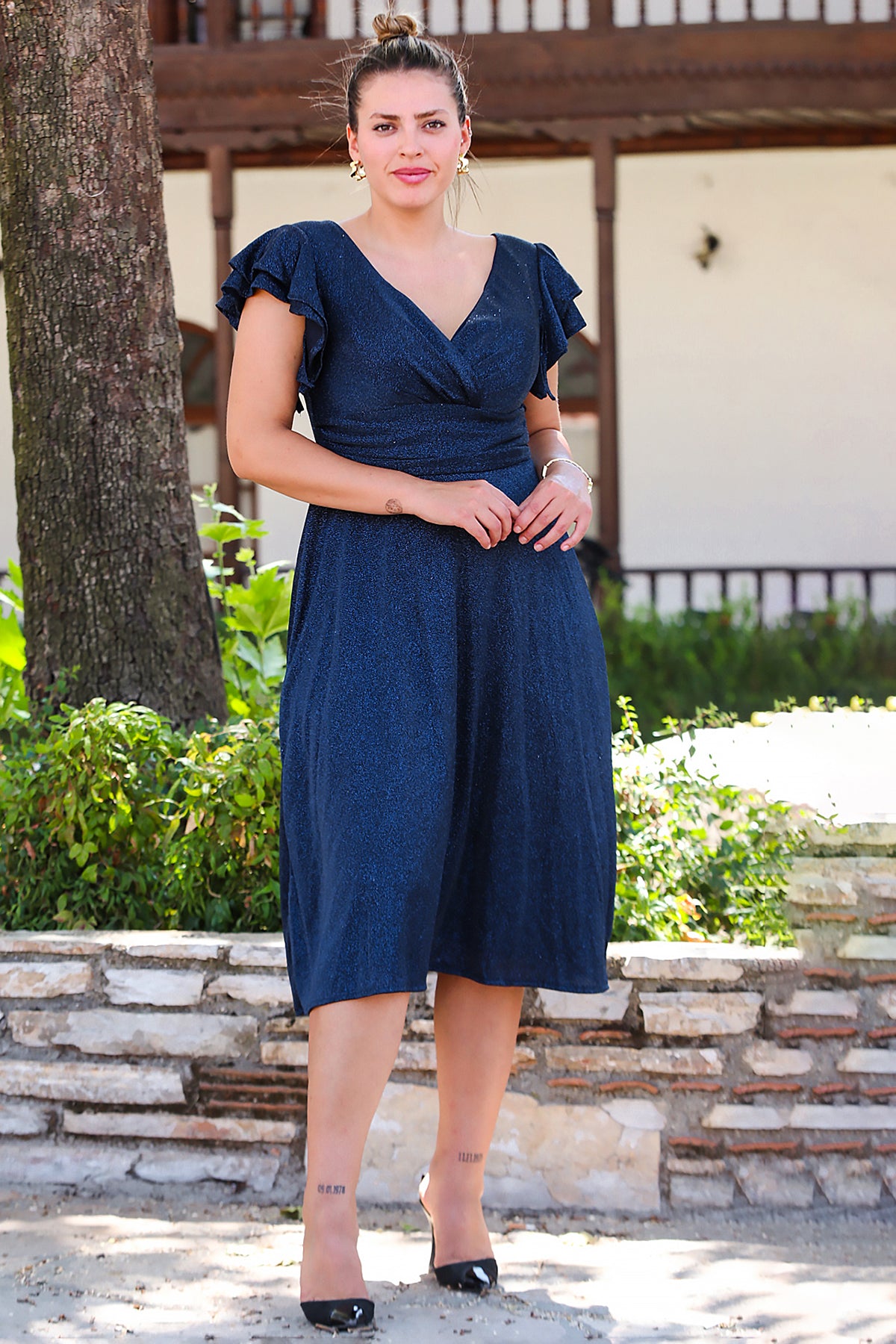 Büyük Beden Kol Katlı Simli Kısa Abiye Lacivert