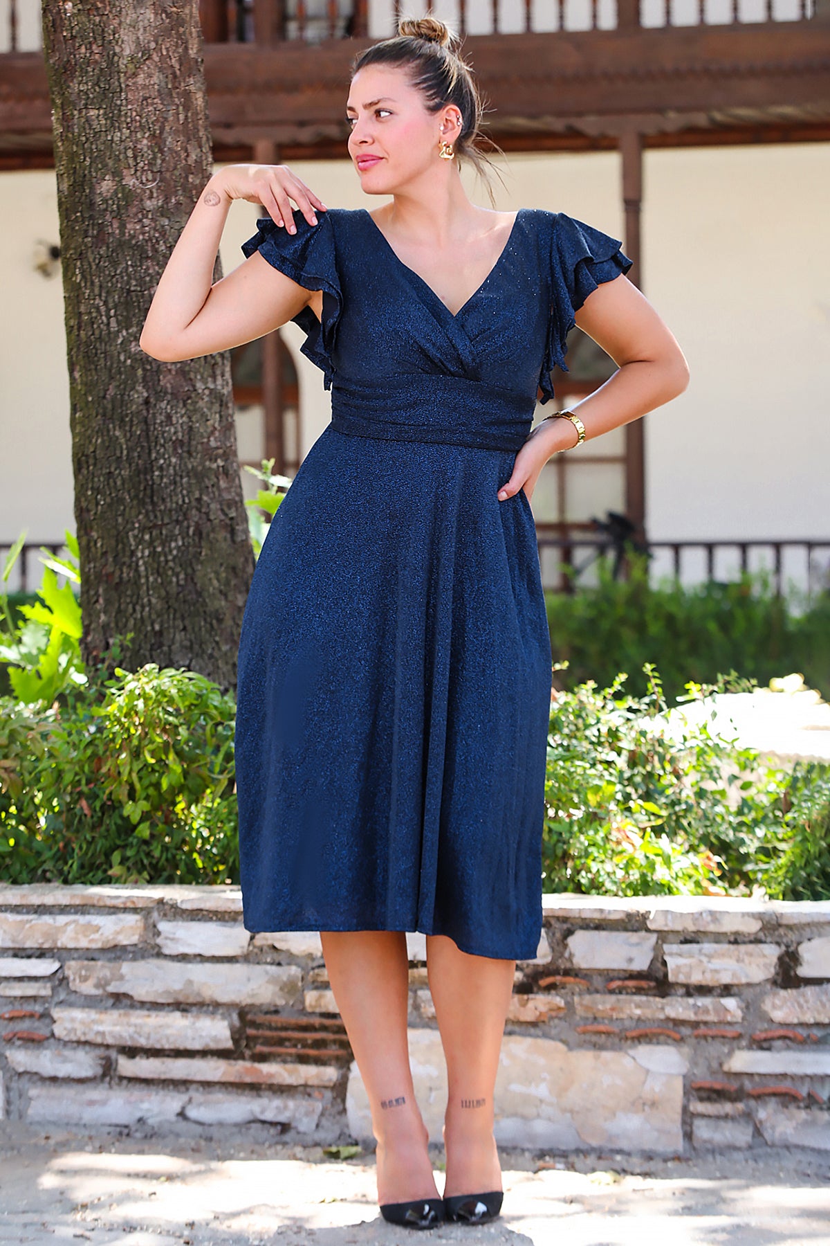 Büyük Beden Kol Katlı Simli Kısa Abiye Lacivert