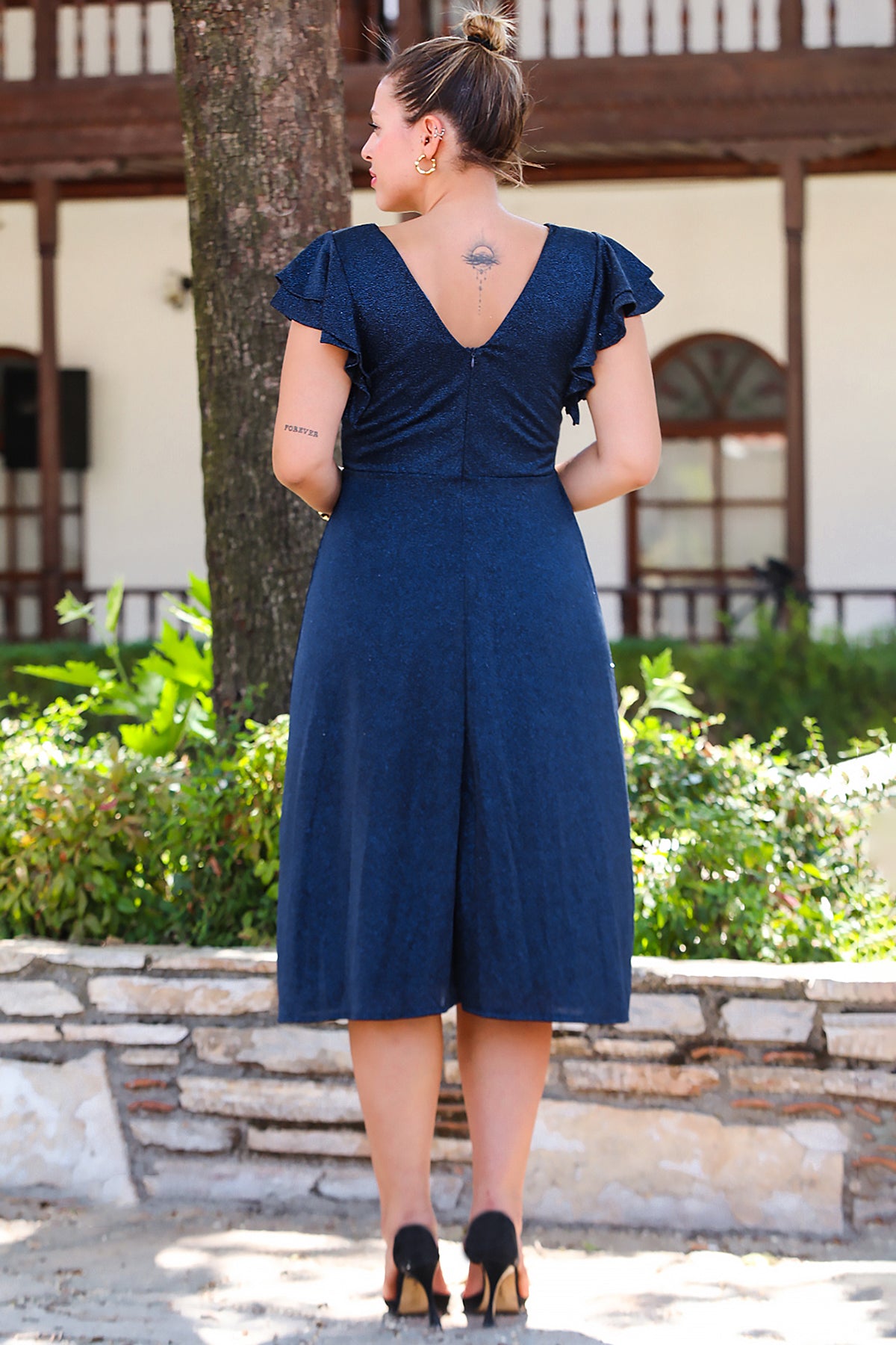 Büyük Beden Kol Katlı Simli Kısa Abiye Lacivert