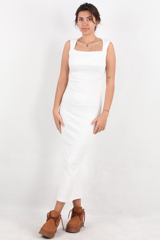 Silpha Kadın Kare Yaka Arka Yırtmaçlı Fitilli Uzun Elbise Beyaz