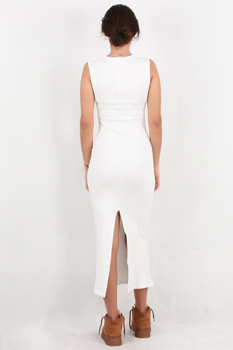 Silpha Kadın Kare Yaka Arka Yırtmaçlı Fitilli Uzun Elbise Beyaz