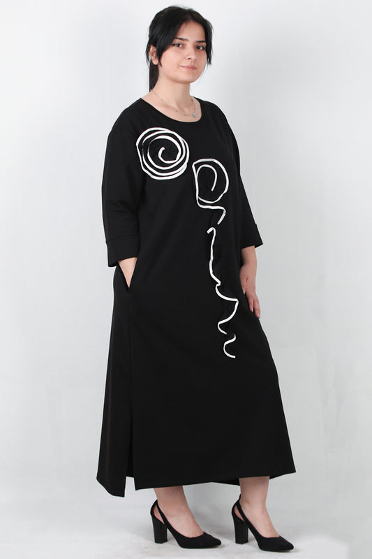 Cascade Büyük Beden Ön Fırfır Detay Elbise Siyah