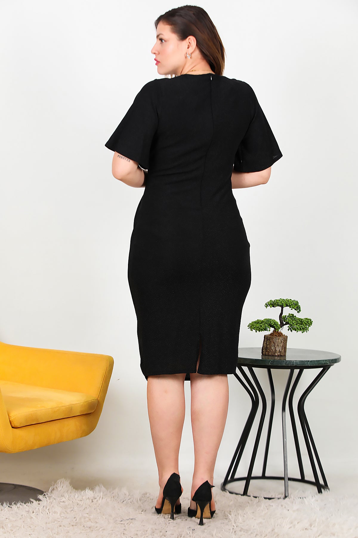 Büyük Beden Bel Aksesuarlı Midi Abiye Siyah