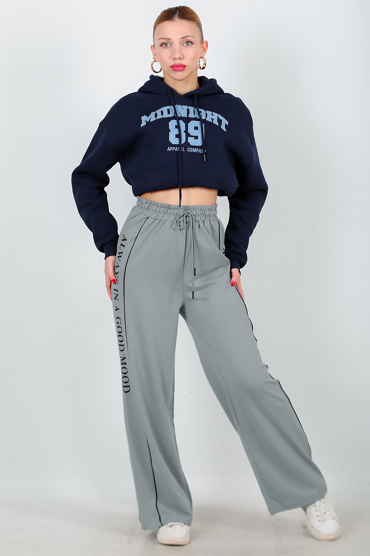 Kadın Yan Şeritli Baskılı Eşofman Gri